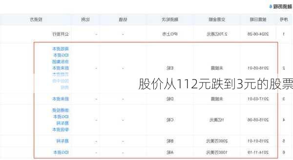 股价从112元跌到3元的股票